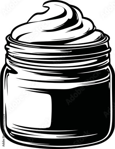 Illustration of a cream jar with swirling top in black and white. Vector illustration in sketch style