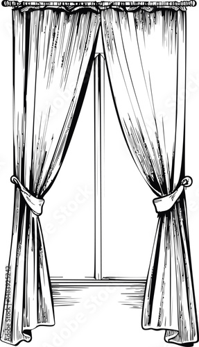 Elegant drawn curtains framing a window in black and white. Vector illustration in sketch style
