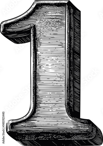 Vintage engraved style number 1 one in black and white sketch vector illustration