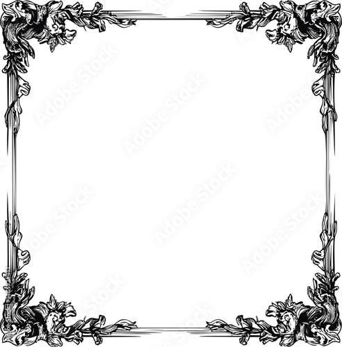 Floral ornate black and white rectangular decorative frame illustration. Vector illustration in sketch style