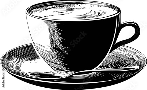 Black and white sketch of a coffee cup with saucer and spoon, vintage style. Vector illustration