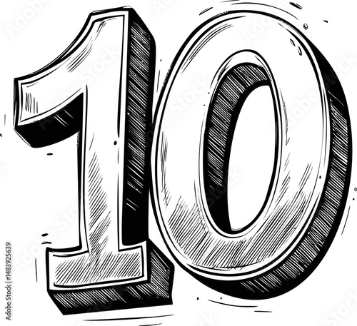 Black and white sketch of bold outlined number 10 ten with artistic shading. Vector illustration