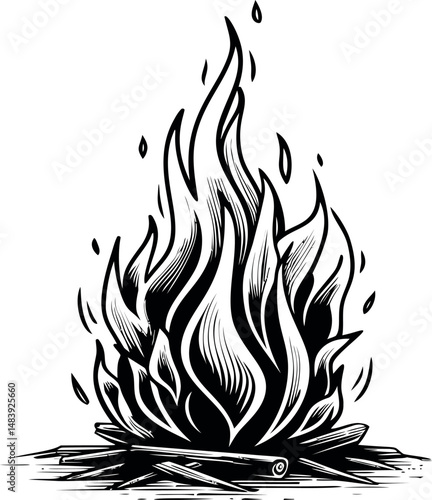 Black and white illustration of a bonfire with dynamic flames, artistic concept. Vector illustration in sketch style