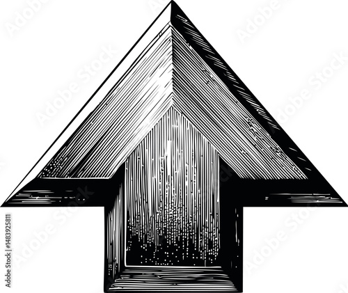 Woodcut style black and white arrow pointing upward. Vector illustration in sketch style