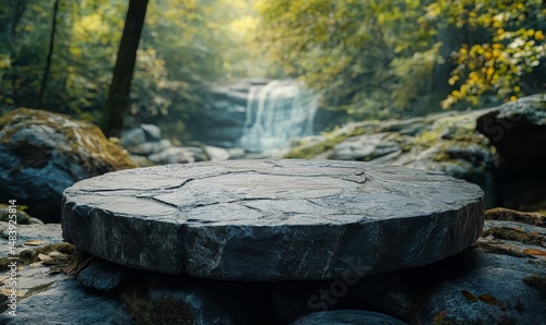 natural rock stone podium pedestal platform in the middle of environment friendly forest landscape for eco and environmental conservation and air pure