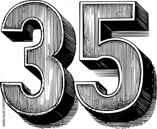 Retro black and white illustration of the number 35 with vintage style lines. Vector illustration in sketch style