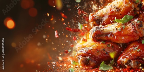 fresh chicken boned wings in buffalo barbeque, or spicy sauce with flying ingredients and spices hot ready to serve and eat food commercial advertisement menu banner with copy
