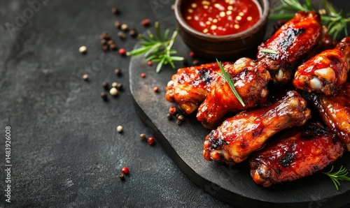 fresh chicken boned wings in buffalo barbeque, or spicy sauce with flying ingredients and spices hot ready to serve and eat food commercial advertisement menu banner with copy