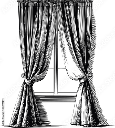 Elegant classic curtains tied back showing a window, vintage etching style. Vector illustration in sketch style