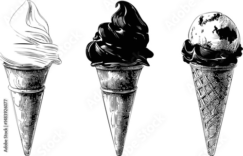 Three detailed black and white ice cream cones. Vector illustration in sketch style