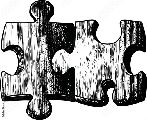 Vintage style black and white sketch of two puzzle pieces interlocking. Vector illustration