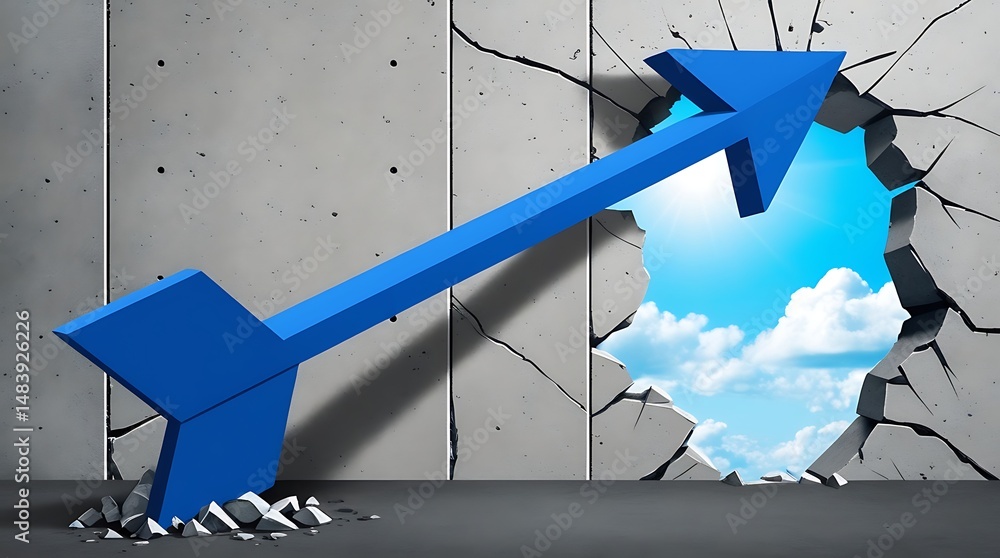 Fototapeta premium Conceptual image of a bold blue arrow breaking through a concrete wall into a bright sky, representing growth, progress, breakthrough, ambition, and overcoming obstacles with determination.
