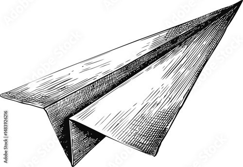 Detailed sketch of a paper airplane flying with hand-drawn texture. Vector illustration