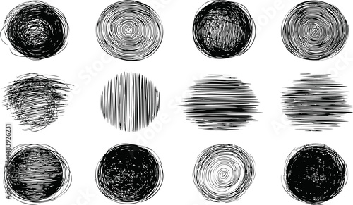 Abstract black and white hand-drawn circles design with sketchy textures. Vector illustration