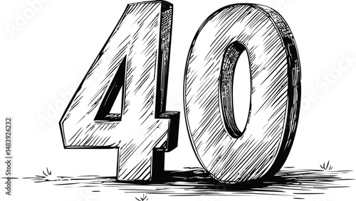 Black and white hand-drawn sketch of the number 40. Vector illustration