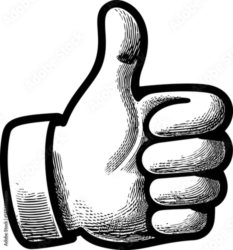 Illustration of a thumbs up hand gesture in black and white etching style. Vector illustration