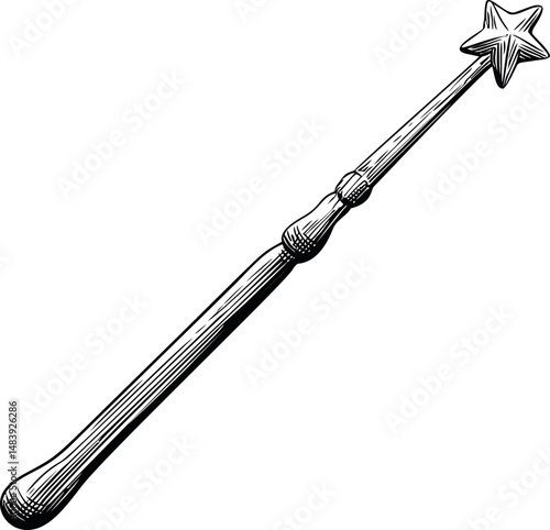 Magic wand with star tip black and white illustration vintage style. Vector illustration