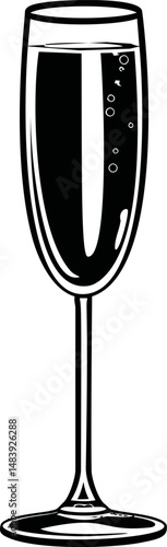 Black and white drawing of a champagne glass with bubbles, elegant simplicity. Vector illustration in sketch style