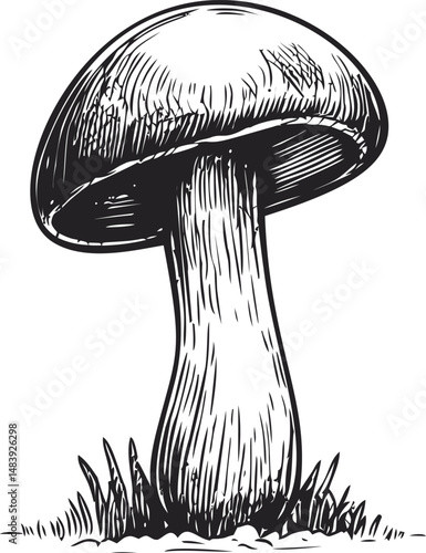 Black and white illustration of a mushroom with detailed texture on white. Vector illustration in sketch style