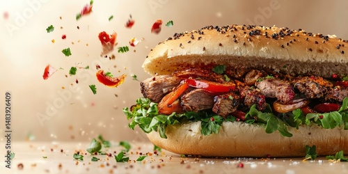 fresh grilled beef turkish or chicken arabic shawarma doner sandwich with flying ingredients and spices hot ready to serve and eat food commercial advertisement menu banner with copy space