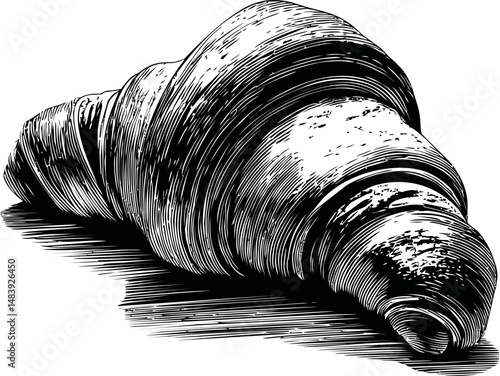 Detailed black and white sketch of a croissant with shading, bakery art illustration. Vector illustration