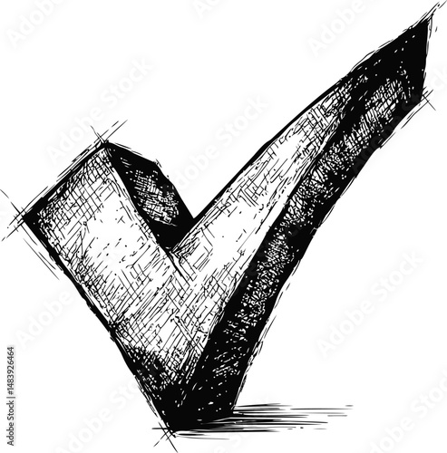 Black and white sketch of a bold check mark symbol with rough texture. Vector illustration