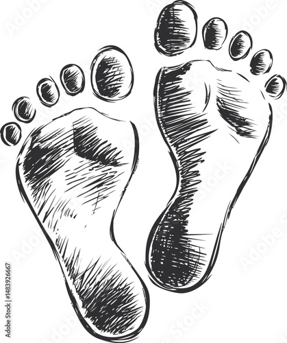 Black and white sketch of two detailed human footprints, artistic drawing. Vector illustration