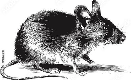 Detailed black and white illustration of a mouse with intricate fur texture. Vector illustration in sketch style