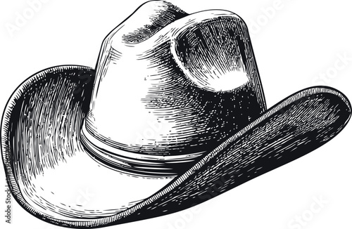 Detailed black and white illustration of a cowboy hat with shading effects. Vector illustration in sketch style