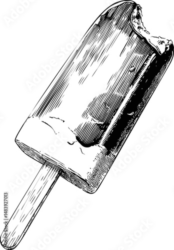 Black and white illustration of a bitten ice cream bar with a wooden stick. Vector illustration in sketch style