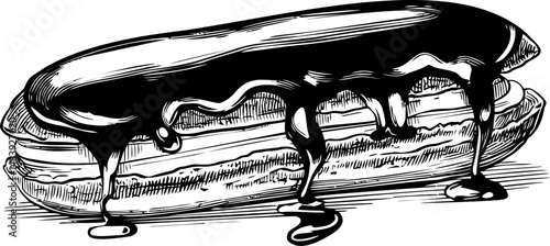 Hand-drawn illustration of an eclair with dripping chocolate glaze, pastry art. Vector illustration in sketch style