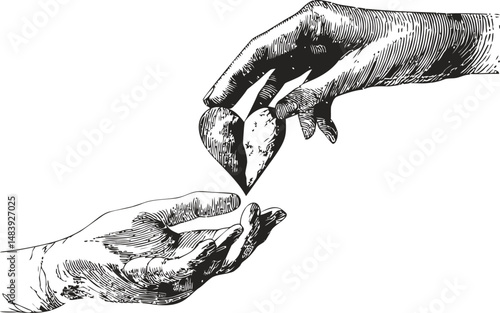 Two hands sharing a broken heart sketch in black and white, emotional connection. Vector illustration