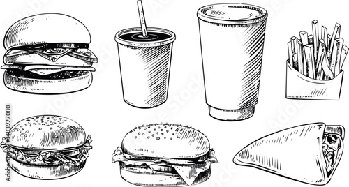 Black and white sketches of fast food items including burgers and drinks. Vector illustration in sketch style