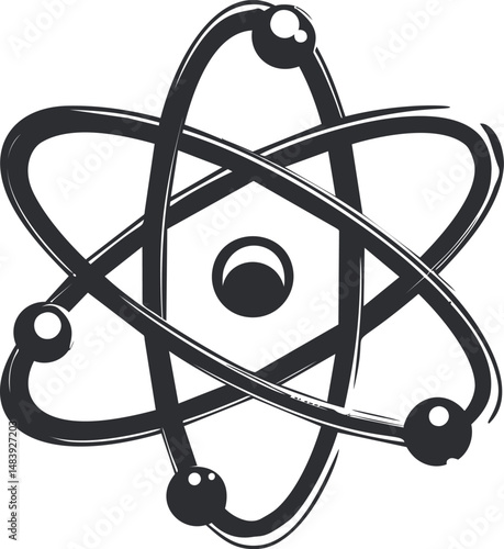 Black and white atomic symbol with orbiting electrons, science illustration. Vector illustration in sketch style