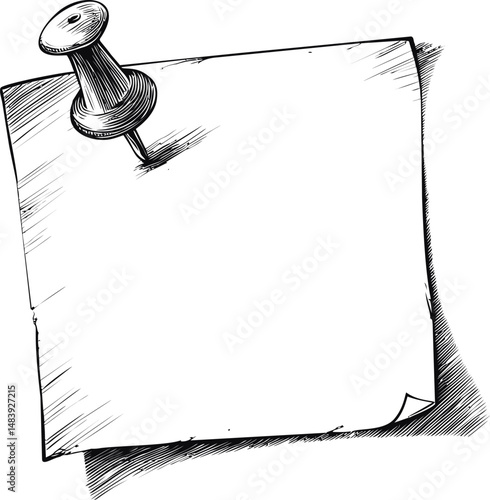 Illustration of a sketch style paper with a pushpin in black and white. Vector illustration