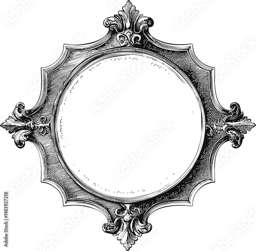 Intricate vintage black and white circular frame with ornate floral details. Vector illustration in sketch style