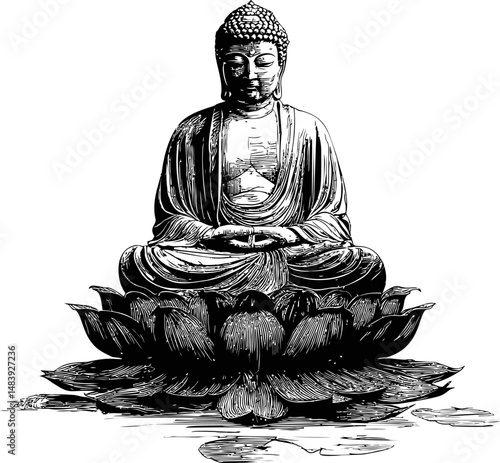 Monochrome illustration of buddha meditating on a lotus flower, spiritual art. Vector illustration in sketch style