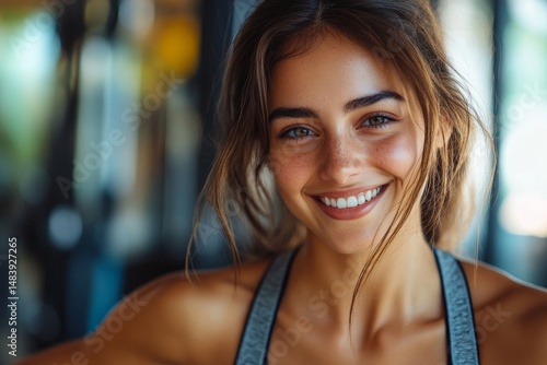 Happy woman smiling and working out in gym