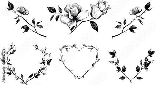 Black and white floral designs with roses and leaves forming a heart pattern illustration. Vector illustration in sketch style