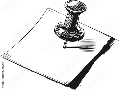 Illustration of thumbtack pinning paper in black and white sketch style. Vector illustration