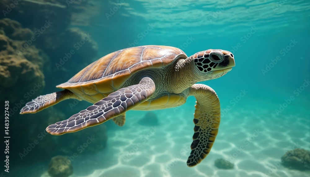 Fototapeta premium Sea turtle swims underwater. Peaceful marine life in ocean. Reptile animal moves through blue water, near coral reef. Wildlife scene. Ocean nature and diving.