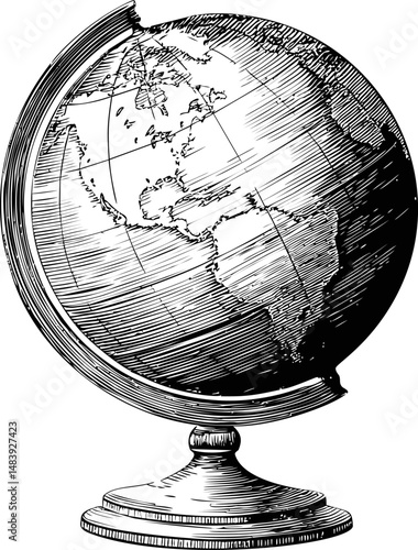 Hand-drawn monochrome illustration of a globe showing continents on stand. Vector illustration in sketch style