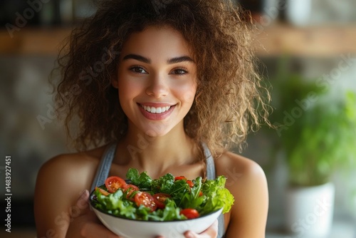 Young woman eating a healthy salad after workout. Fitness and healthy lifestyle concept