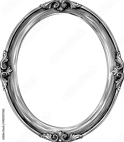 Ornate vintage oval frame in black and white detailed illustration. Vector illustration in sketch style