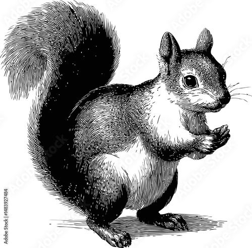 Detailed black and white illustration of a squirrel standing upright. Vector illustration in sketch style