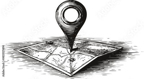 Vintage style map illustration with large location pin in black and white. Vector illustration in sketch style