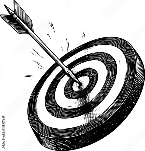 Arrow hitting the center of a target in a black and white sketch vector illustration