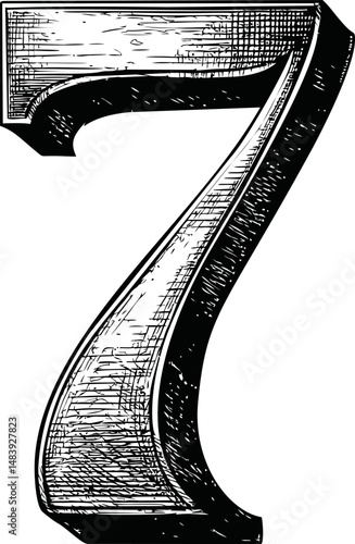 Illustrated black and white number 7 seven in vintage woodcut style. Vector illustration in sketch style