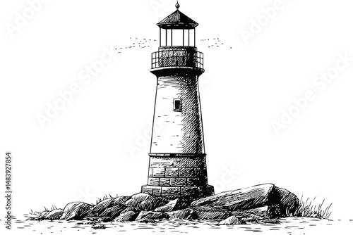 Black and white illustration of a lighthouse on a rocky shore. Vector illustration in sketch style
