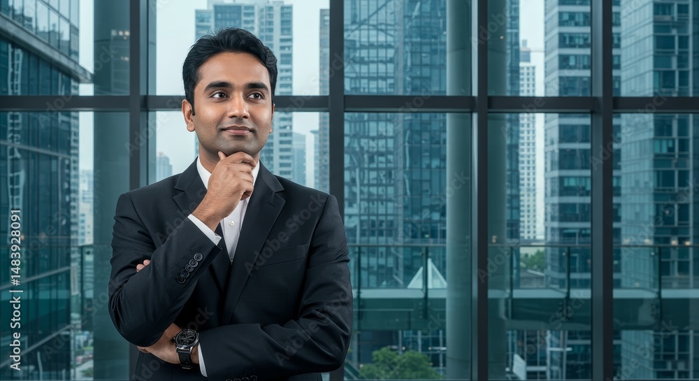 Fototapeta premium Strategic Vision: A Modern Architect's Urban Perspective - A thoughtful professional ponders future opportunities, symbolizing ambition, innovation, urban development, success, and modern architecture